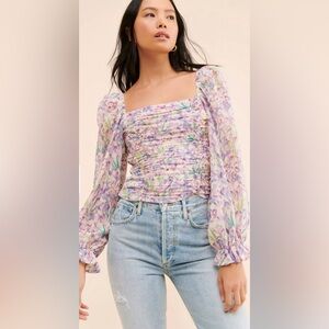 ASTR the Label Tonia Blouse - Lavender Floral Smocked Square-Neck Blouse